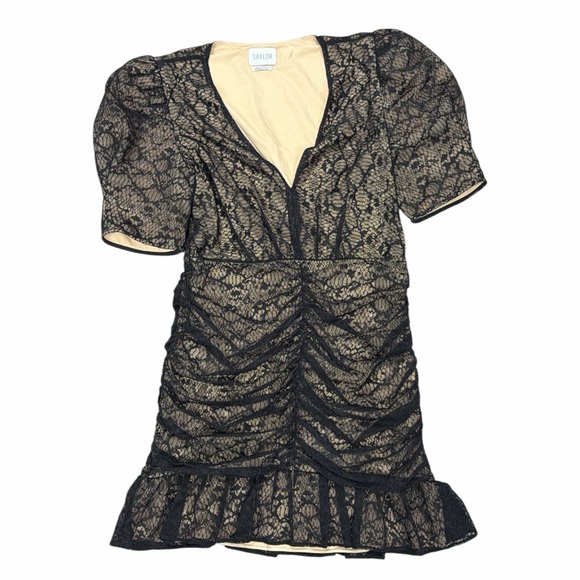 SAYLOR Reena Black Lace Ruched Mini Dress with Short Sleeve Puff Sleeves - Picture 3 of 6